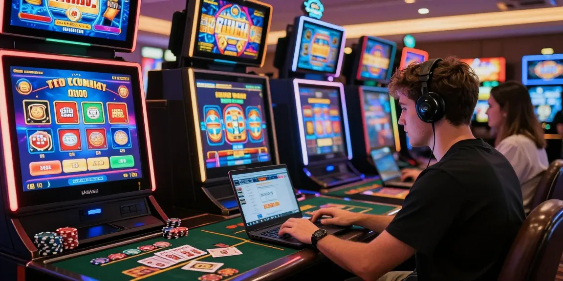 Joueur concentré sur un casino en ligne, entouré de machines et accessoires de jeu.