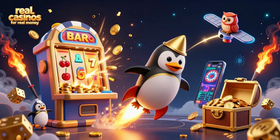 Experience real casinos for real money in an animated scene featuring a golden penguin, bursting slot machines, and flying game symbols.