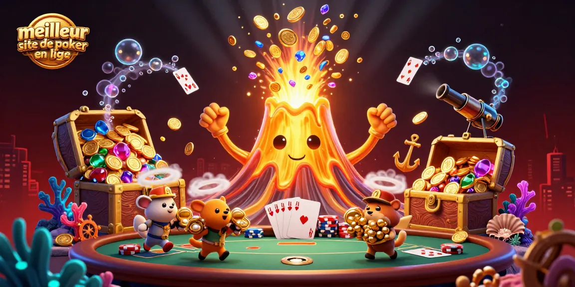 Évaluez le meilleur site de poker en ligne avec une scène dynamique riche en éléments de jeu et animations.