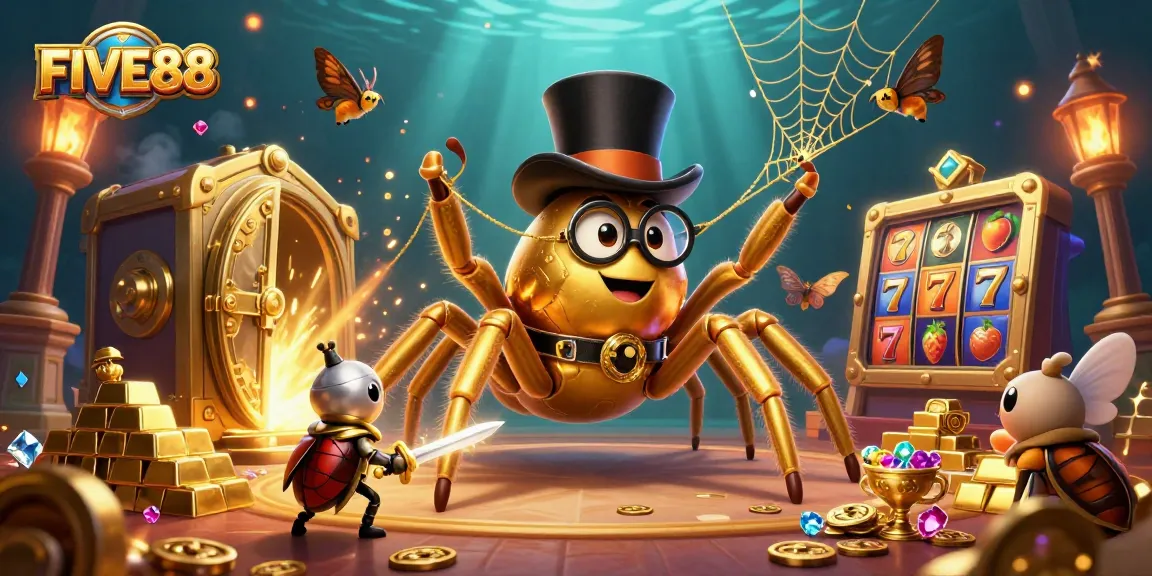 Experience the vibrant FIVE88 casino world with golden treasures and animated characters.