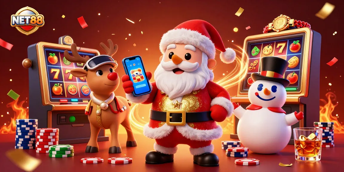 Experience NET88's festive casino features with Santa and friends amidst lively jackpot thrills.