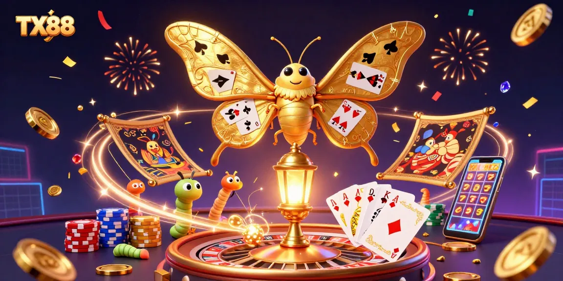 TX88 showcases a vibrant casino scene with golden moths, coins, and cards, embodying excitement.