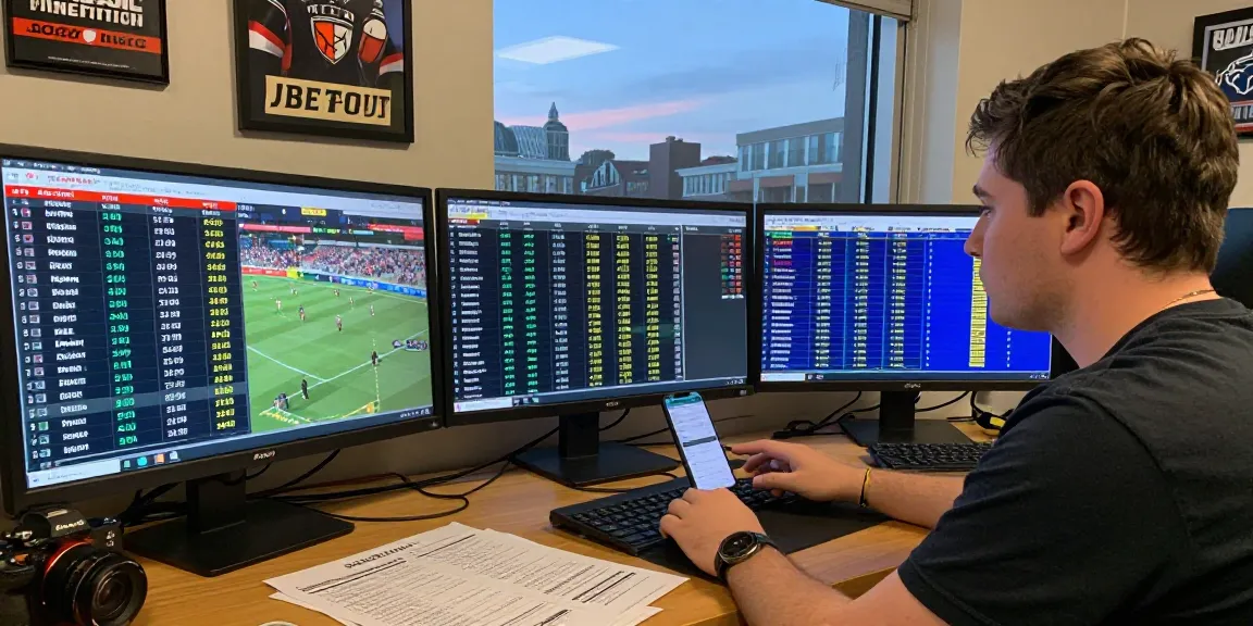 Environnement de pari sportif avec un bookmaker sans limite de mise, parieur concentré et écrans d'analyse.