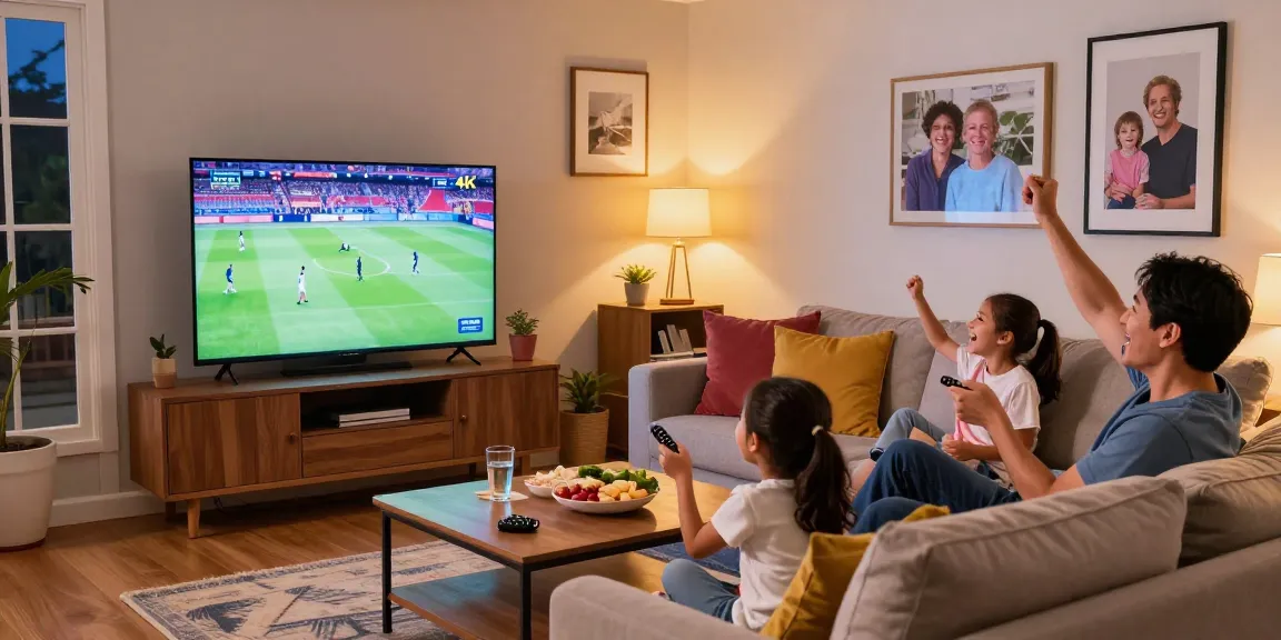 Regardez la TV comme jamais auparavant avec un abonnement IPTV, la famille profite d'un événement sportif en 4K dans un salon convivial.