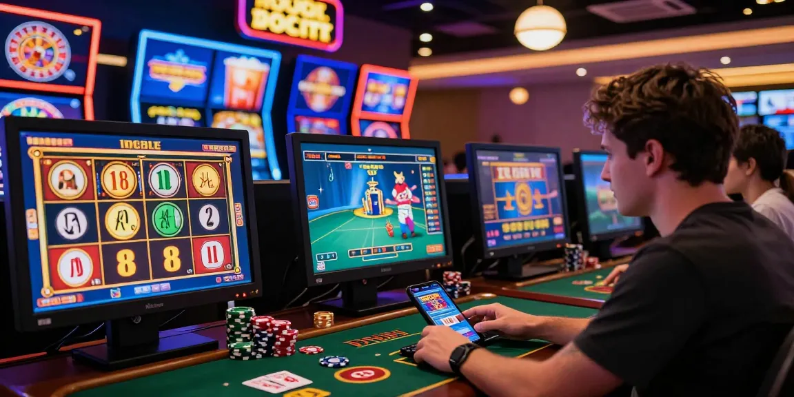 Scène de casino en ligne avec des joueurs engagés dans des jeux tels que machines à sous et poker.