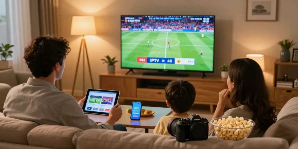 Une famille profitant d'un abonnement IPTV, regardant un événement sportif en 4K dans un salon chaleureux.
