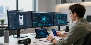 L'expert en sécurité numérique surveillant l'activité des applications espion au bureau.