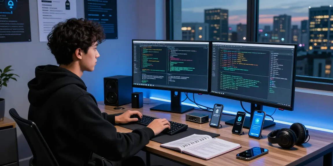 Un professionnel analysant une application espion dans un bureau high-tech, avec plusieurs écrans et ambiance moderne.