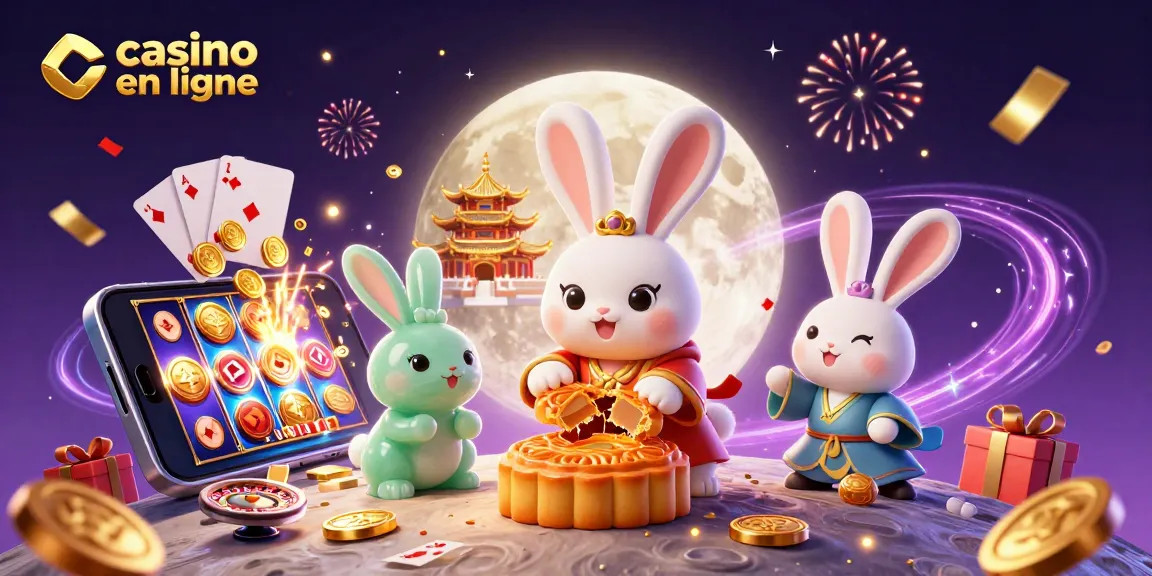 Casino en ligne : L'illustration dynamique d'un lapin de lune et ses amis, entourés de jeux et de jetons.