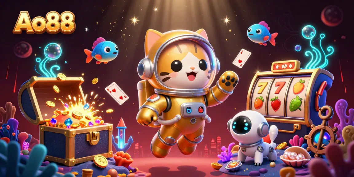 Ao88 offers an exciting casino experience featuring vibrant characters amidst treasures and games.