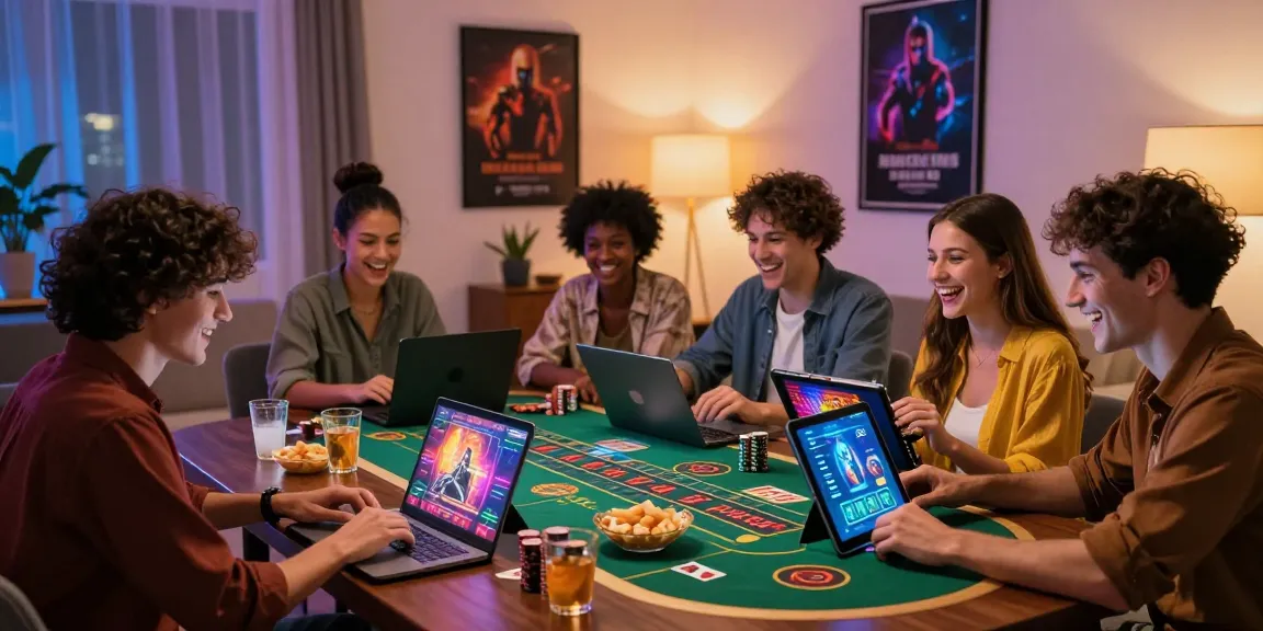 Groupe d'amis jouant au casino en ligne dans un cadre moderne et convivial