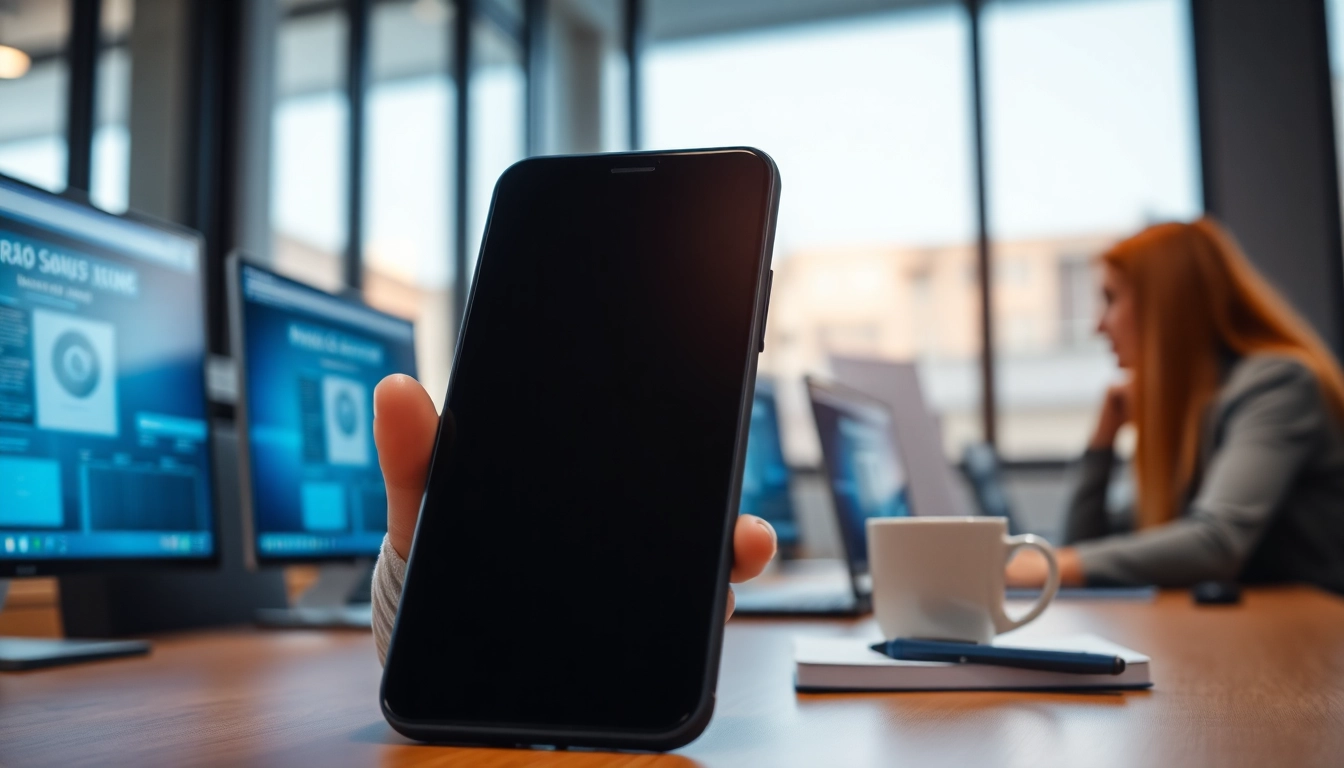 Application espion sur un smartphone dans un bureau moderne, symbolisant la technologie d'espionnage.