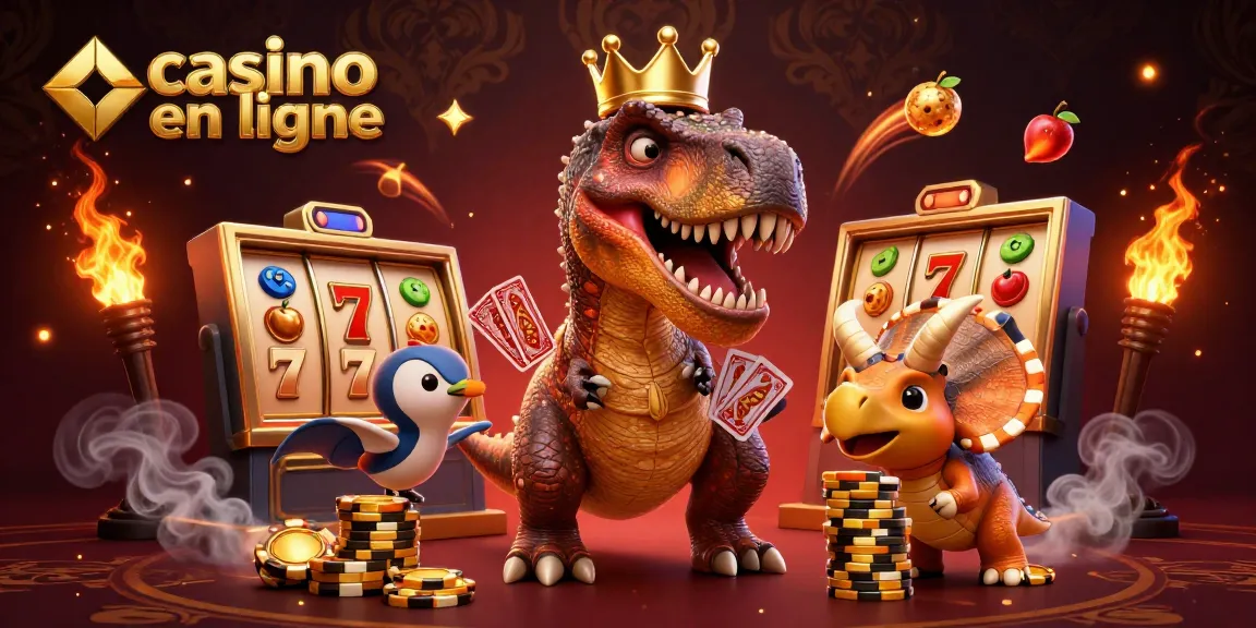 Le T-Rex jouant au casino en ligne avec des jetons d'or, une scène riche en détails.