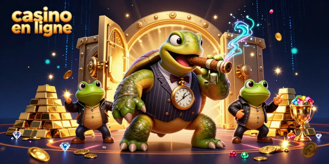 Illustration captivante de casino en ligne avec une tortue en costume et des grenouilles dans une ambiance lumineuse et festive.