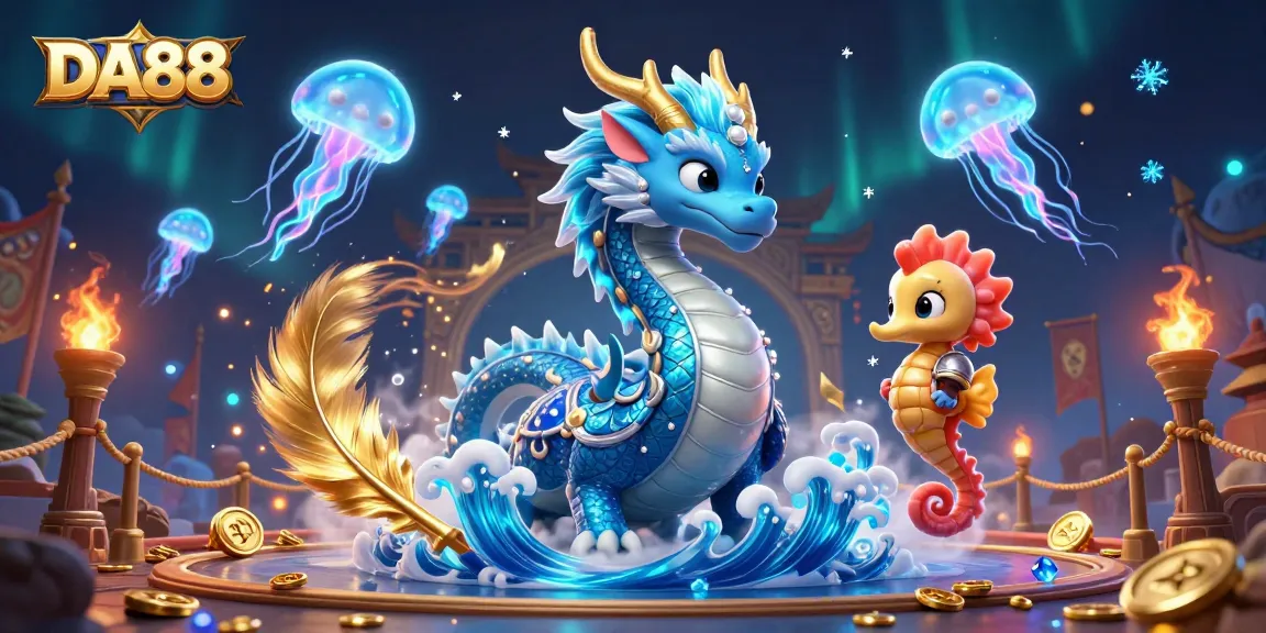 Engage with DA88's vibrant dragon-themed casino arena, showcasing stunning oceanic visuals and dazzling gaming elements.
