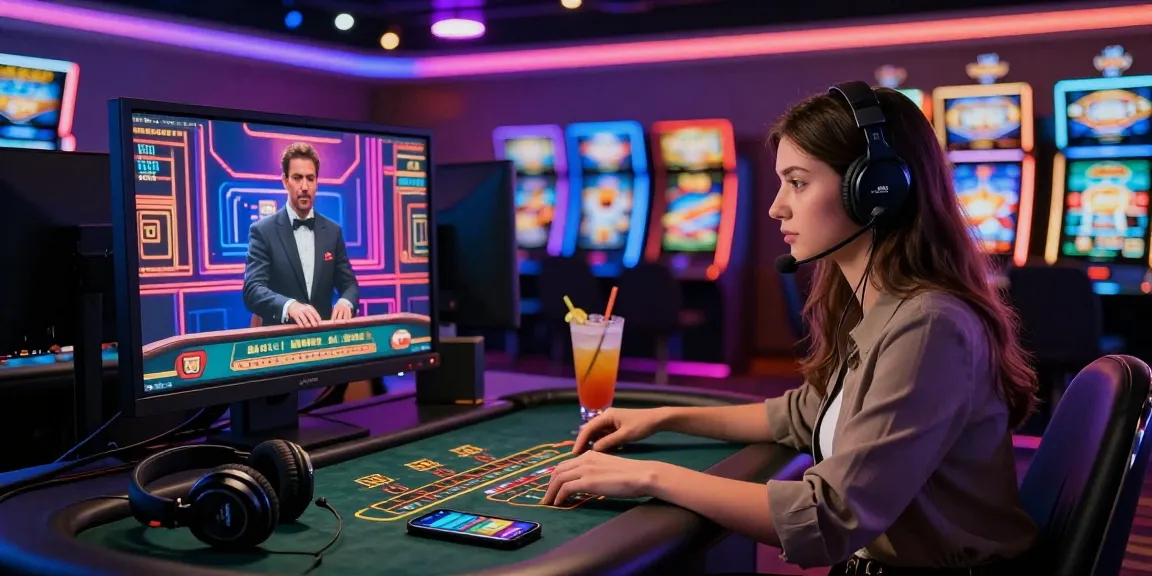 Écrans de casino en ligne avec une joueuse concentrée et des accessoires de jeu, ambiance dynamique et immersive.