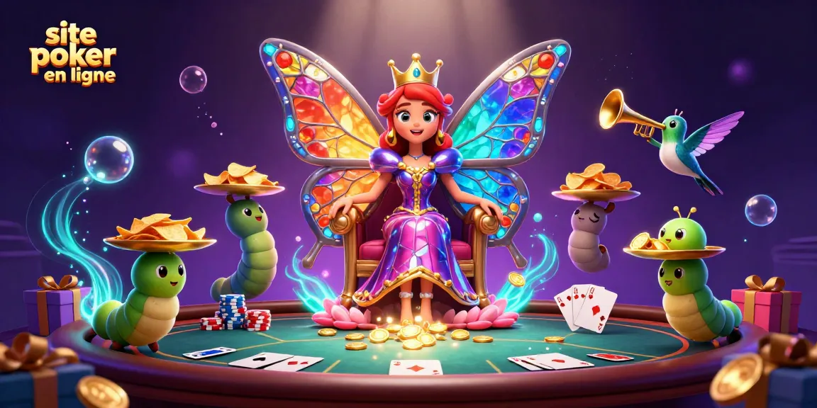 Jouez au poker en ligne sur le site poker en ligne avec une reine papillon et des éléments de jeu colorés.