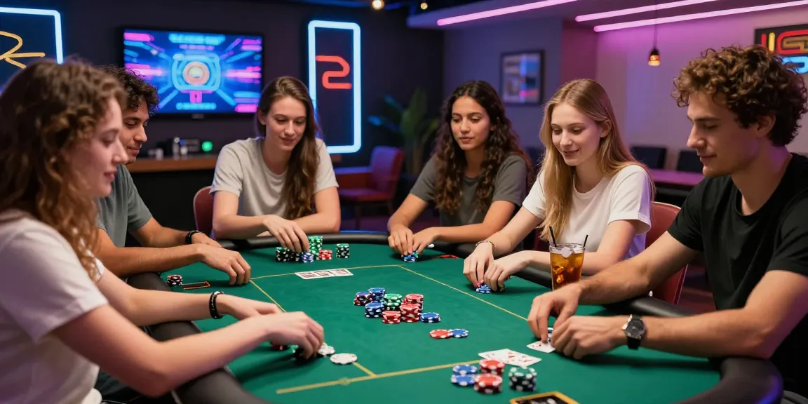 Jeux de casino en ligne avec des amis, ambiance excitante et décor moderne.