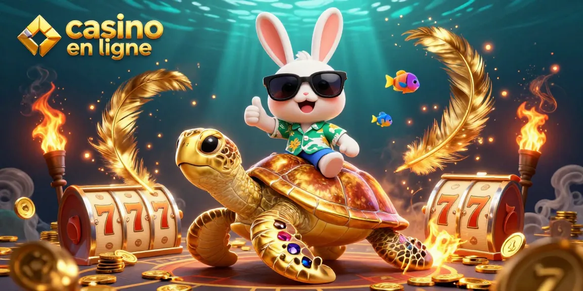 Casino en ligne : Jouez avec un adorable lapin chanceux sur une tortue d'or, entouré de jeux et de pièces.