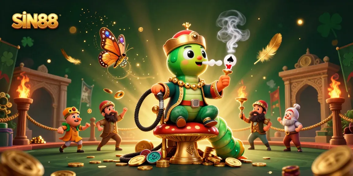 Experience thrilling poker magic at SIN88 with a caterpillar hookah-master, gold coins, and dynamic illustrations.