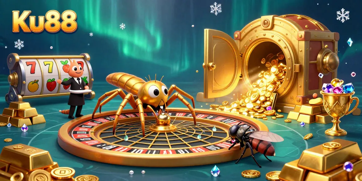 Bet on thrilling games at Ku88 with a dynamic 3D casino scene featuring a roulette web.