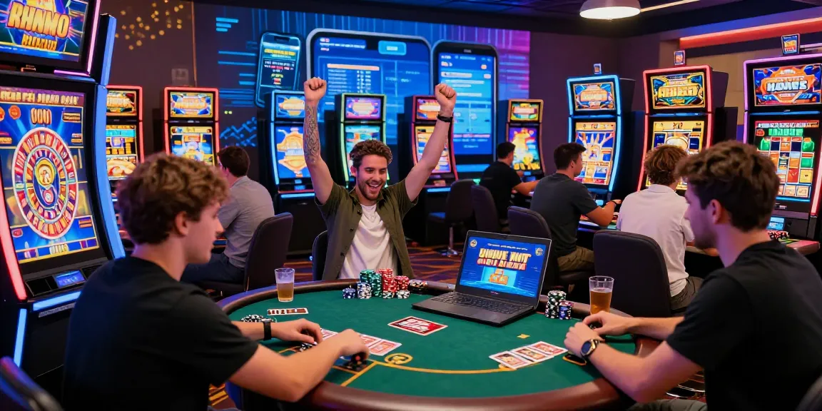 Joueurs célébrant leurs gains au casino en ligne avec machines à sous et tables de poker, ambiance dynamique et festive.