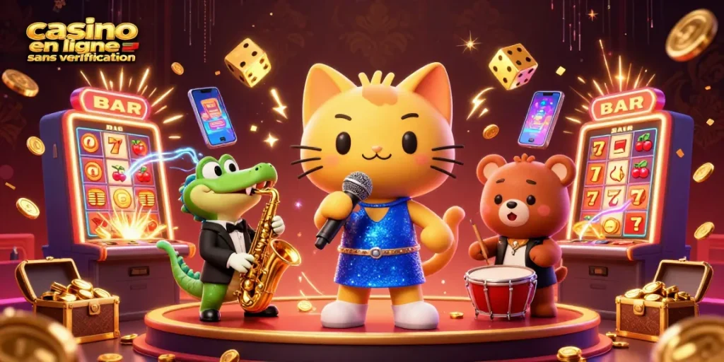 Image animée d'un casino en ligne sans vérification montrant des personnages de jeux d'argent avec effets de jackpot.