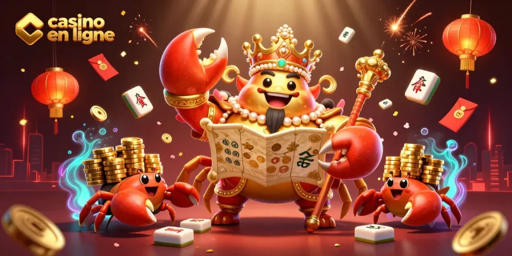Découvrez des jeux palpitants sur un casino en ligne avec un crabe empereur doré entouré de trésors et de lanternes