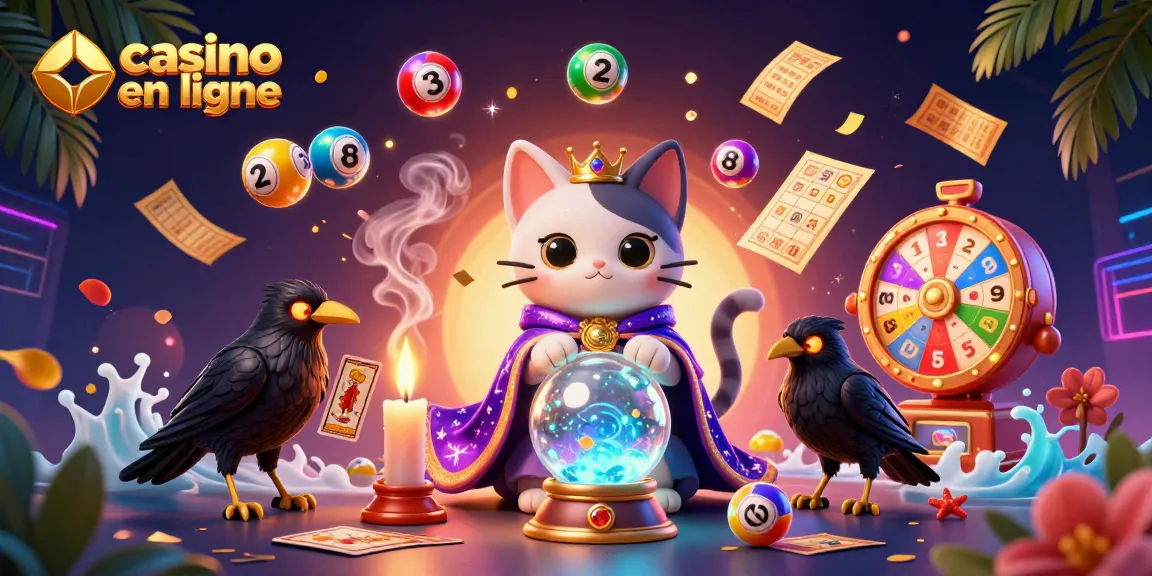 Découvrez l'univers des jeux avec un casino en ligne dynamique et vibrant illustré par un chat mystique, un corbeau, et des ballons colorés.