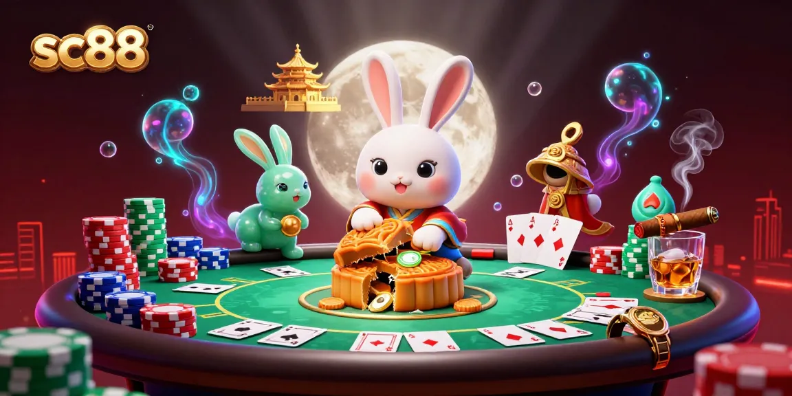 Engage with sc88 as the moon rabbit reveals poker chips from mooncakes in a whimsical casino scene.