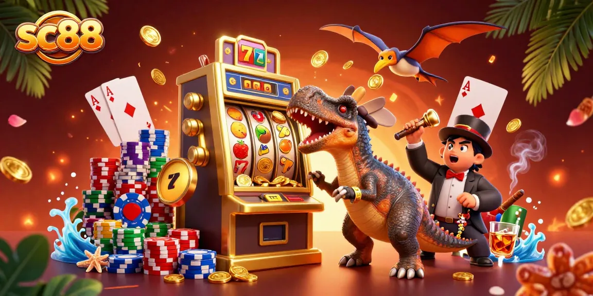 sc88 gaming illustration with a dinosaur at a slot machine winning big coins in a colorful casino scene