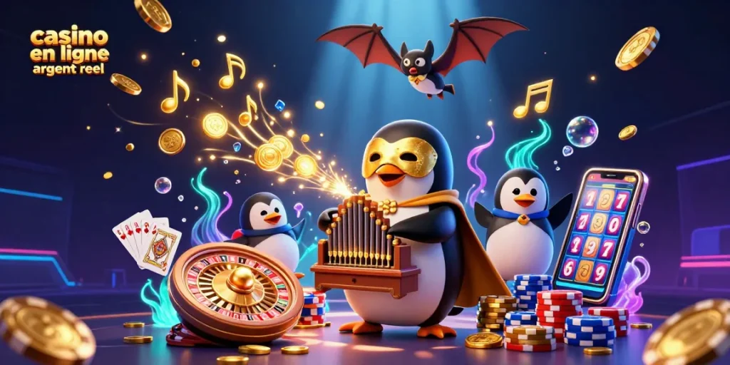 Jouez au casino en ligne argent réel avec cette illustration captivante de joueurs dans un univers dynamique.