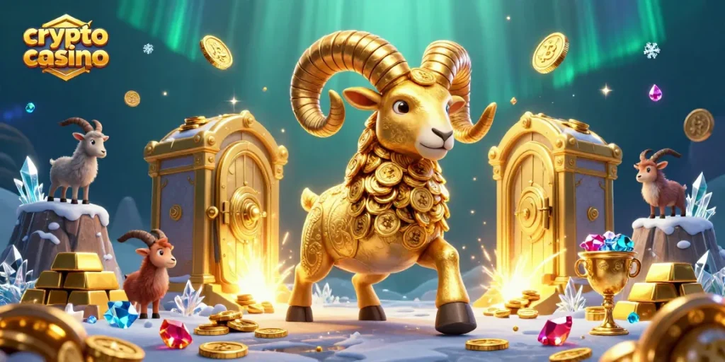 Illustration en 3D d'un crypto casino riche en pièces d'or et trésors, avec un bélier doré en action.
