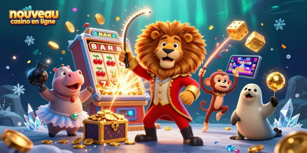 Illustration colorée d'un nouveau casino en ligne avec un lion ringmaster et un jackpot explosif.