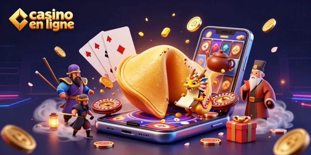 Jouez à des jeux de casino en ligne tout en découvrant un cookie porte-bonheur, des pièces d'or et des dragons sages.