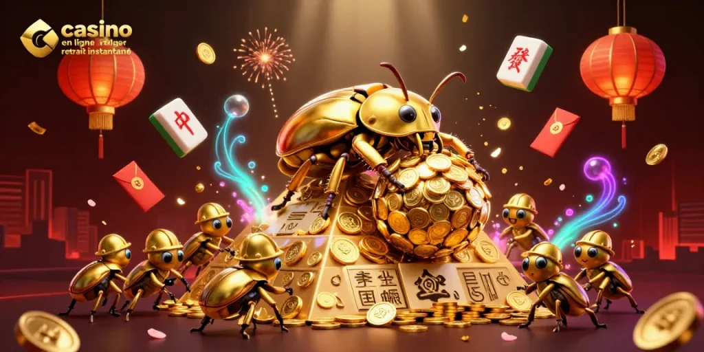 Jouer au casino en ligne retrait instantané avec une illustration vibrante de pièces d'or et de symboles chinois.