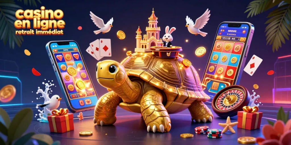 Illustration dynamique de casino en ligne retrait immédiat avec tortue dorée, croupier et jeux d'argent.