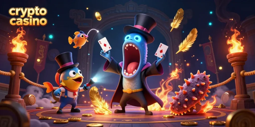 Jouez dans un crypto casino animé où un serpent de mer magique réalise des tours de cartes.