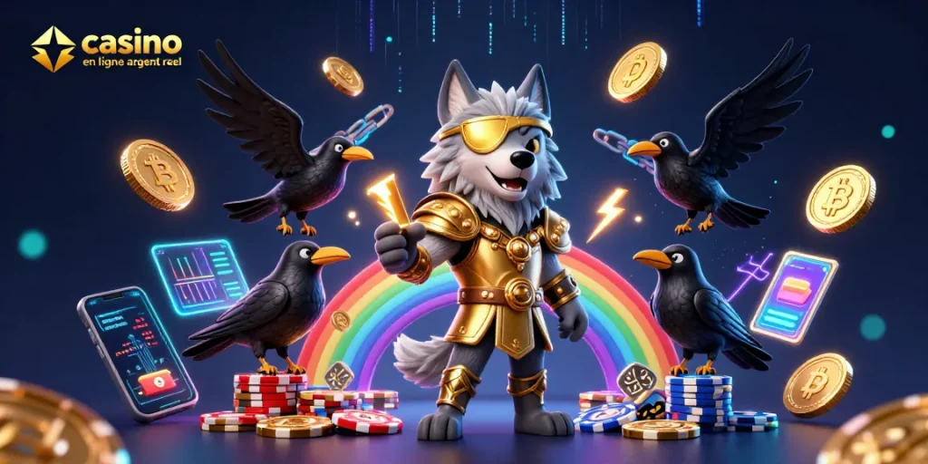 Jouer au casino en ligne argent réel avec une illustration captivante d'un loup Odin et ses corbeaux.