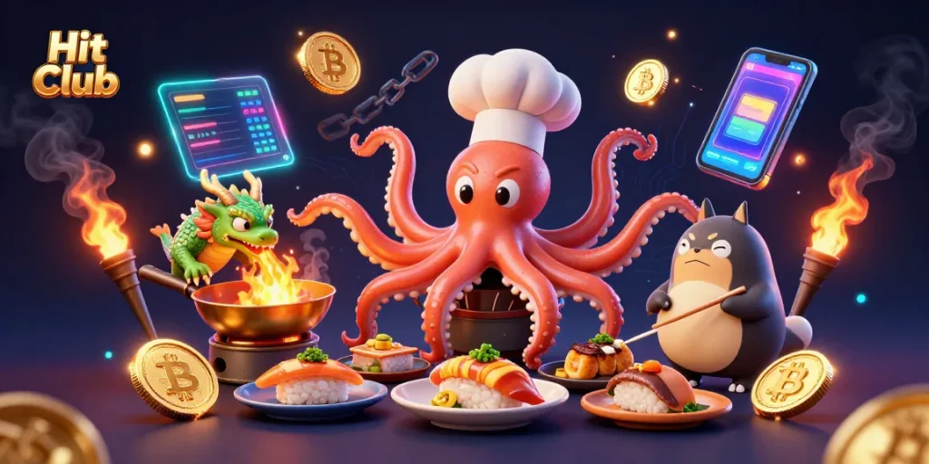 Hit Club features a 3D sushi chef octopus serving golden dishes amidst glowing cryptocurrency icons.