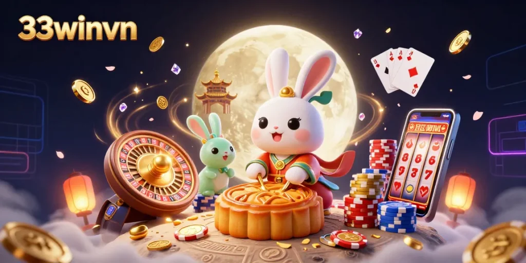 Experience thrilling casino magic with 33winvn, featuring moon rabbits revealing poker treasures.