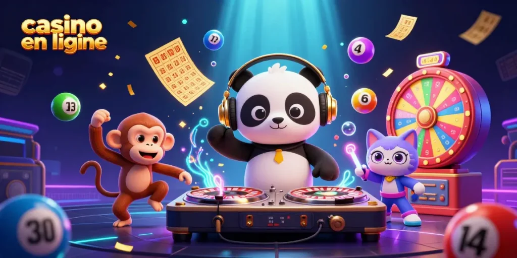 Jouez sur un casino en ligne avec ce panda DJ et un singe breakdancer dans une scène animée.