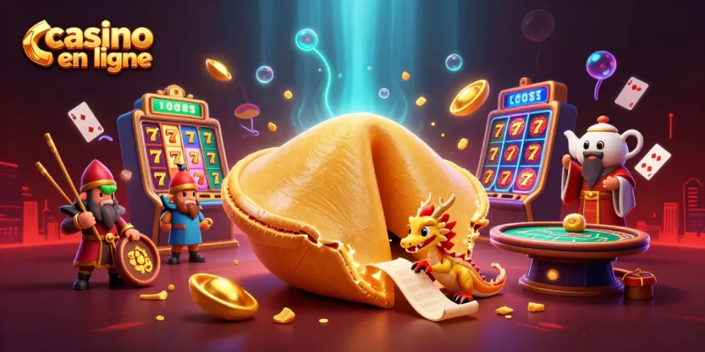 Vente de casino en ligne avec un dragon sage et un cookie fortunes illustré en 3D.