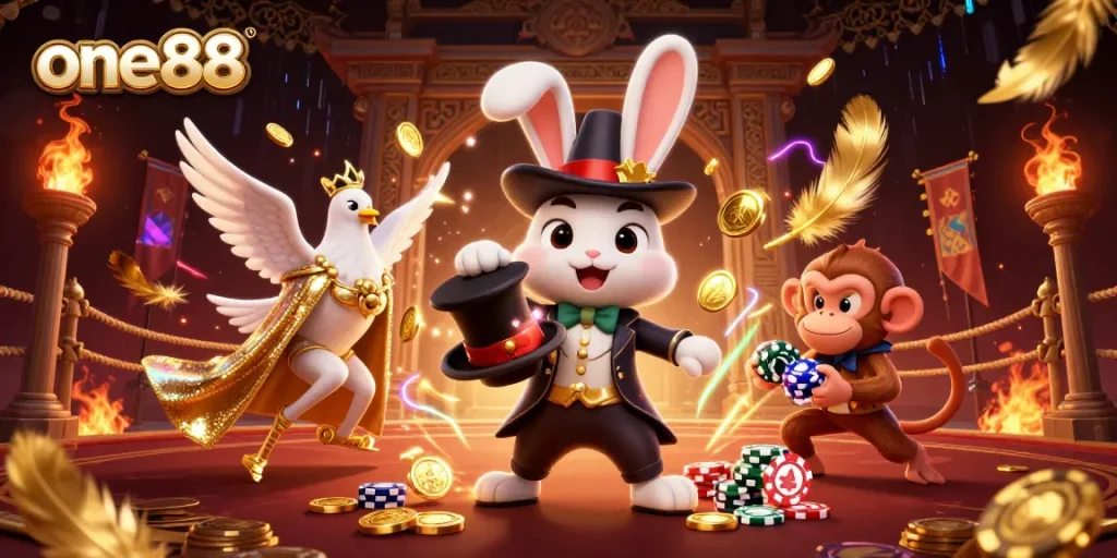 Engaging one88 illustration of a magician rabbit, dove, and monkey among casino elements.