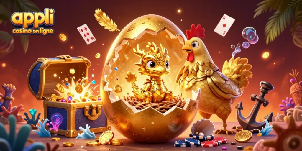 Visitez l'appli casino en ligne pour découvrir un dragon doré et des jetons de poker dans un environnement ludique.