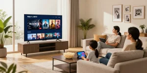 Un moment de détente en famille avec Atlas Pro ONTV sur smart TV, ambiance chaleureuse et moderne.