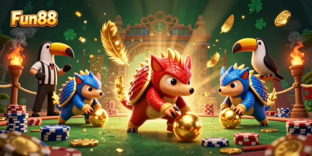 Enjoy Fun88's thrilling gaming experience as rival pangolins compete in a vibrant casino venue.