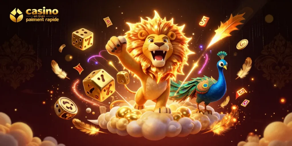 Découvrez l'illustration d'un lion de casino en ligne paiement rapide stratégique, entouré de dés dorés et de pièces d'or.