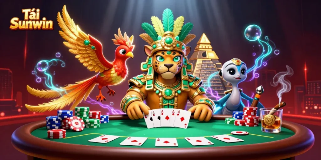 Tải Sunwin showcases a vibrant Mayan-themed poker scene with glowing elements and dynamic gameplay.