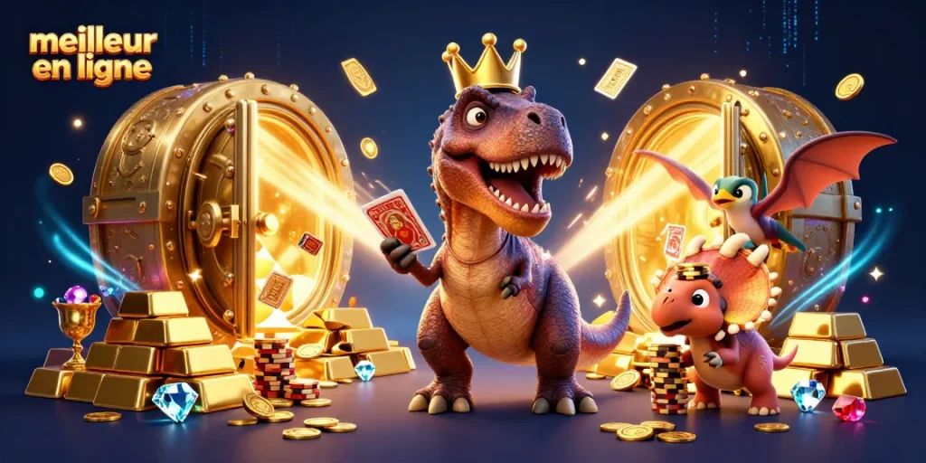 Gagnez avec le meilleur casino en ligne grâce à cette scène animée de dinosaures jouant aux cartes.